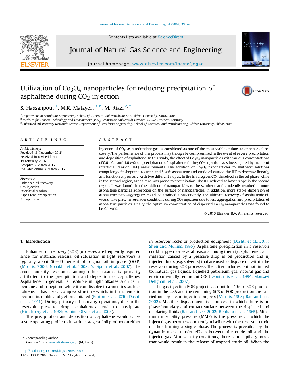 Utilization of Co3O4 nanoparticles for reducing precipitation of asphaltene during CO2 injection