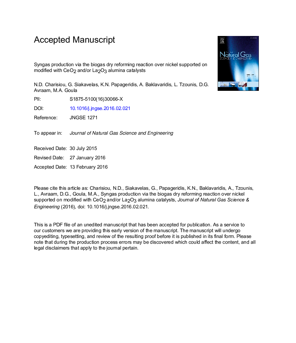 Syngas production via the biogas dry reforming reaction over nickel supported on modified with CeO2 and/or La2O3 alumina catalysts