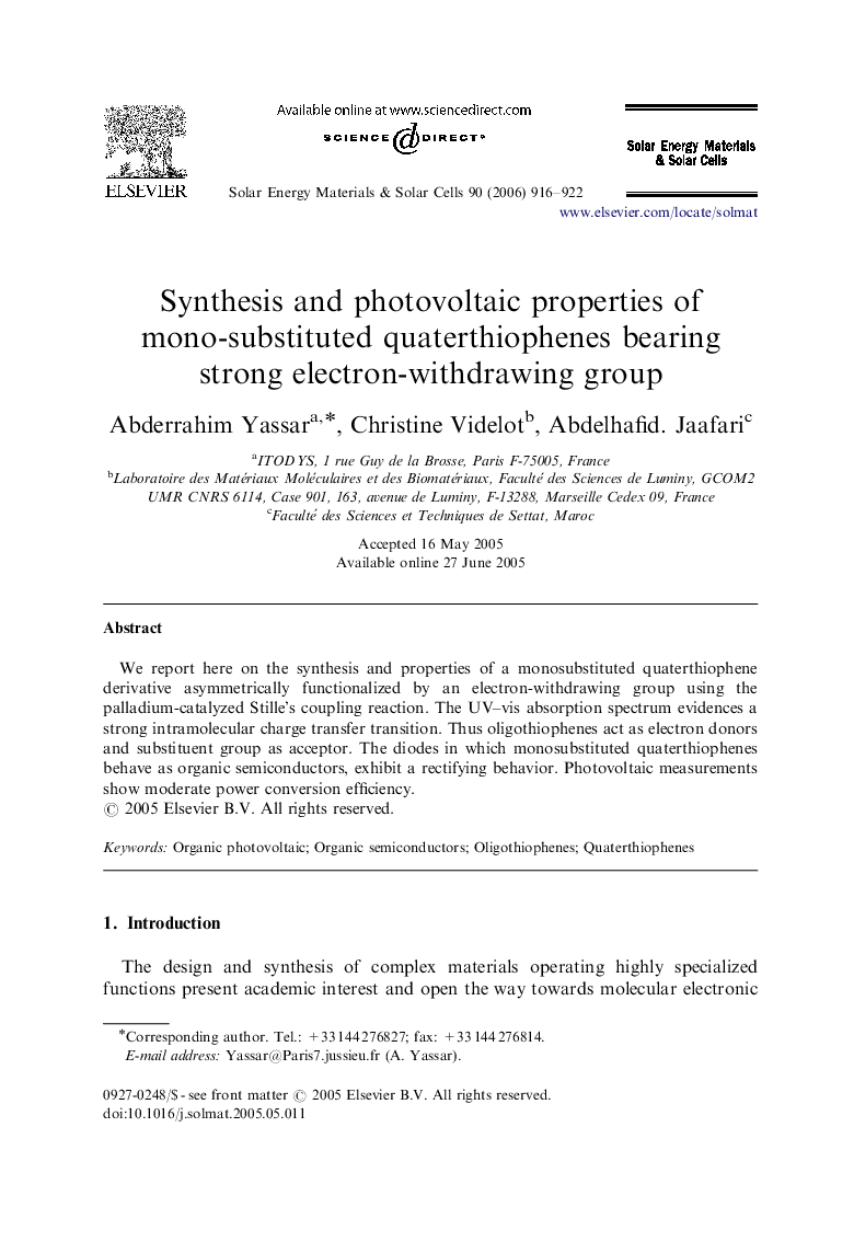 عکس صفحه اول مقاله: Synthesis and photovoltaic properties of mono-substituted quaterthiophenes bearing strong electron-withdrawing group Synthesis and photovoltaic properties of mono-substituted quaterthiophenes bearing strong electron-withdrawing group