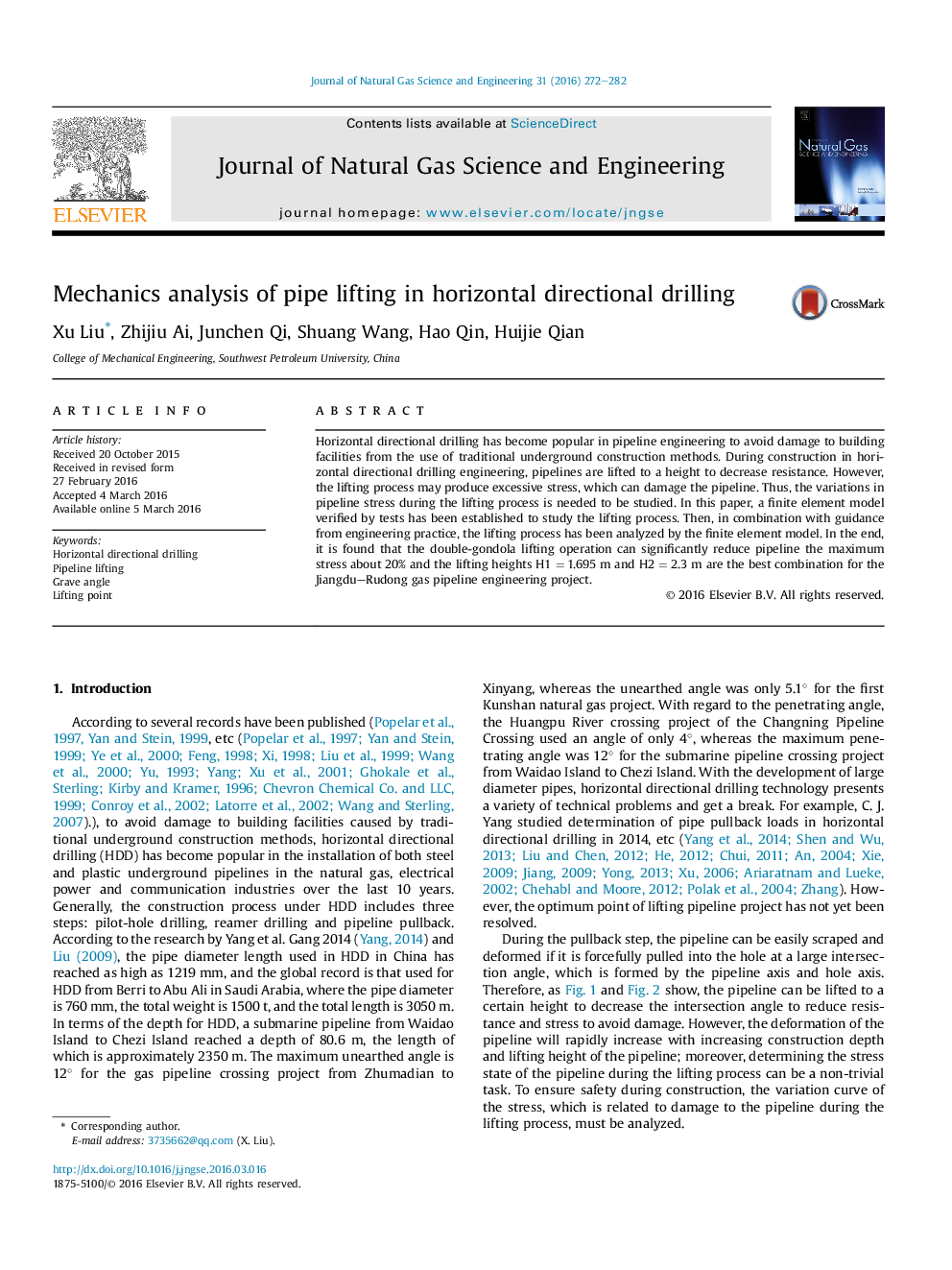 Mechanics analysis of pipe lifting in horizontal directional drilling