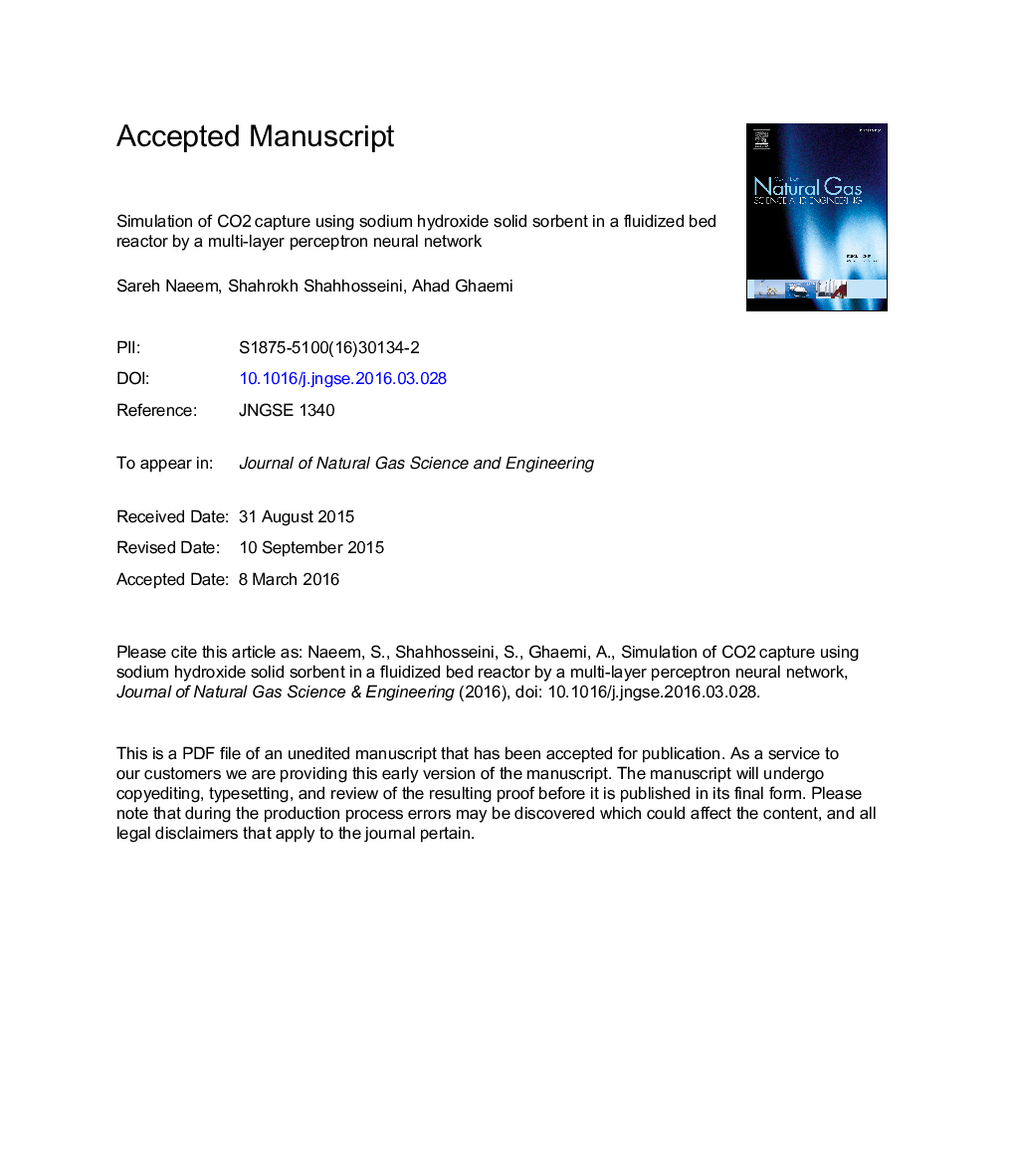 Simulation of CO2 capture using sodium hydroxide solid sorbent in a fluidized bed reactor by a multi-layer perceptron neural network