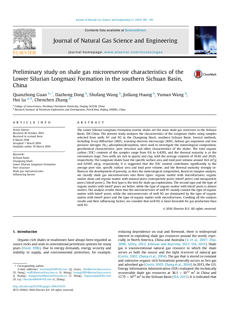 عکس صفحه اول مقاله: Preliminary study on shale gas microreservoir characteristics of the Lower Silurian Longmaxi Formation in the southern Sichuan Basin, China Preliminary study on shale gas microreservoir characteristics of the Lower Silurian Longmaxi Formation in the southern Sichuan Basin, China