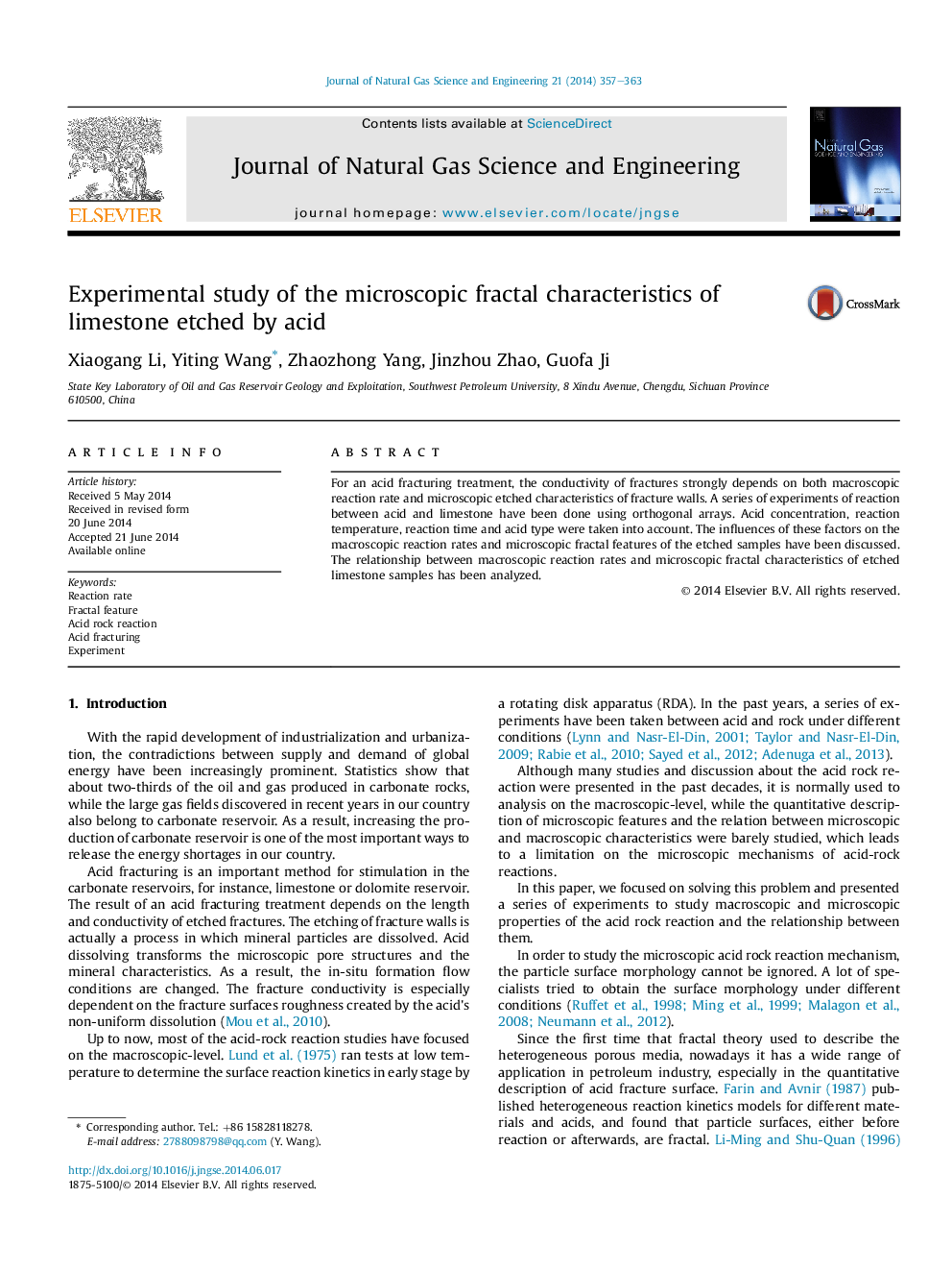 Experimental study of the microscopic fractal characteristics of limestone etched by acid