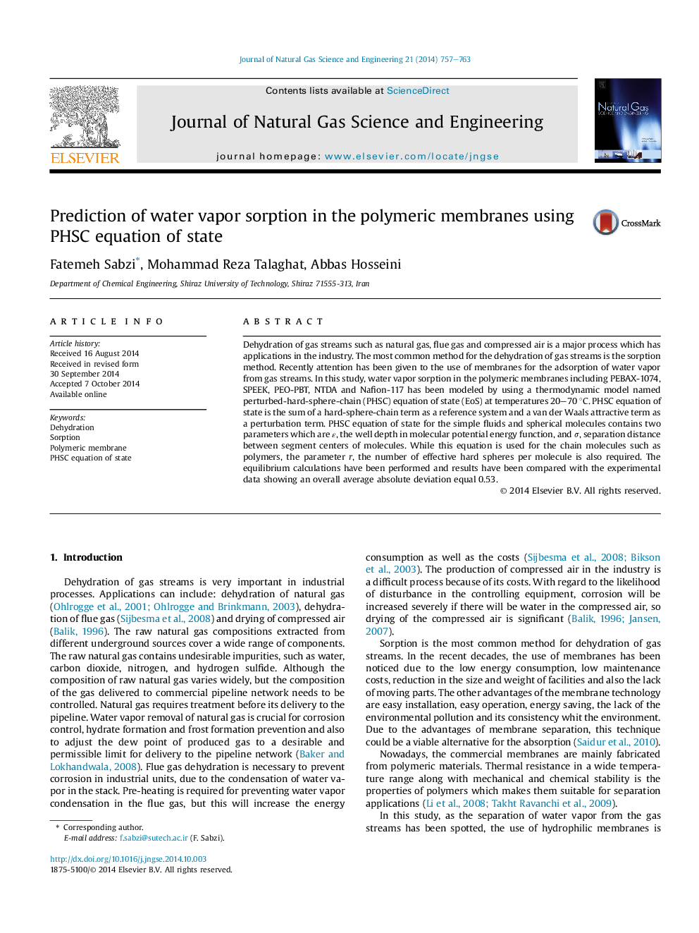 Prediction of water vapor sorption in the polymeric membranes using PHSC equation of state