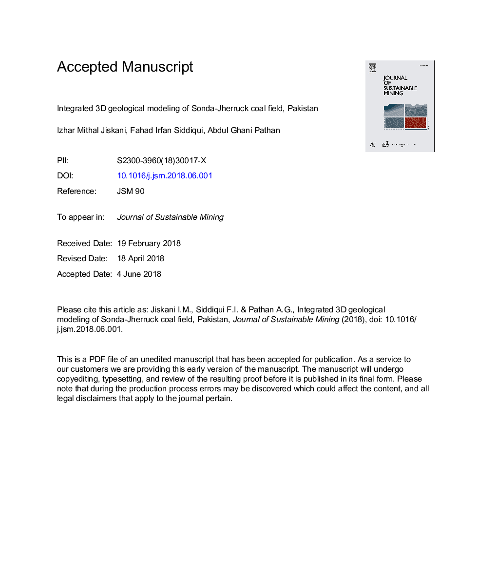 Integrated 3D geological modeling of Sonda-Jherruck coal field, Pakistan