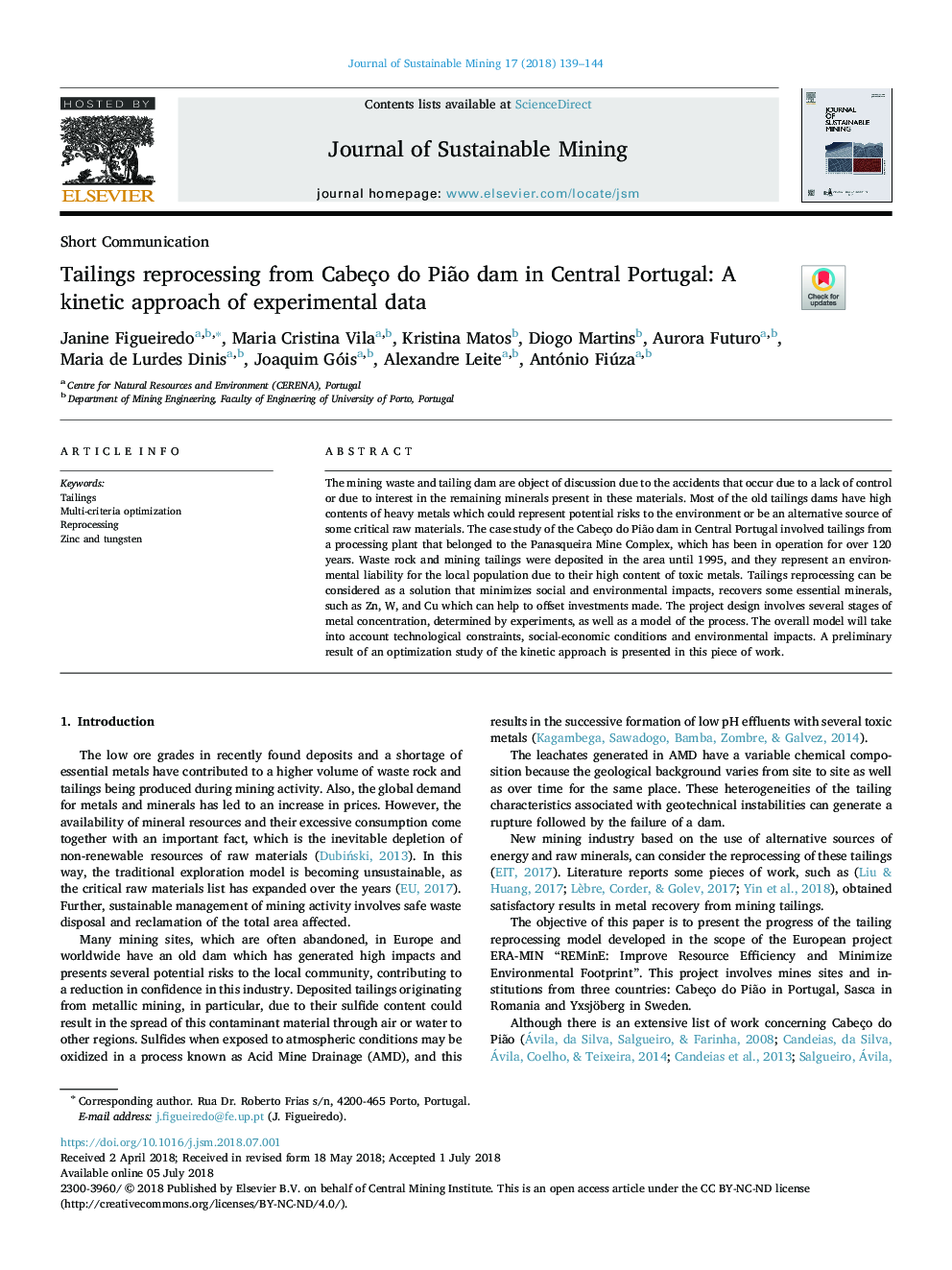 Tailings reprocessing from Cabeço do PiÃ£o dam in Central Portugal: A kinetic approach of experimental data