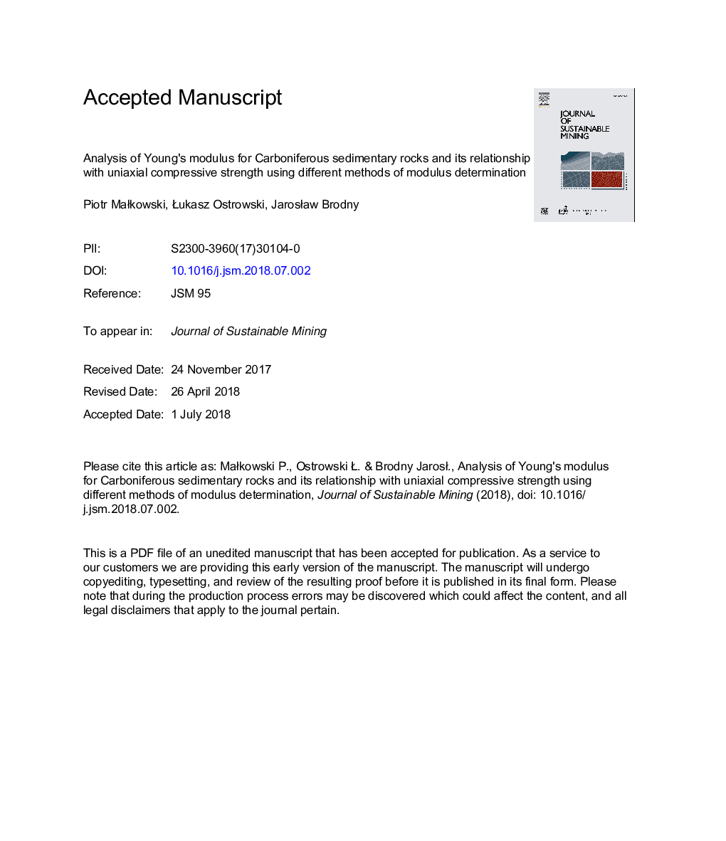 Analysis of Young's modulus for Carboniferous sedimentary rocks and its relationship with uniaxial compressive strength using different methods of modulus determination