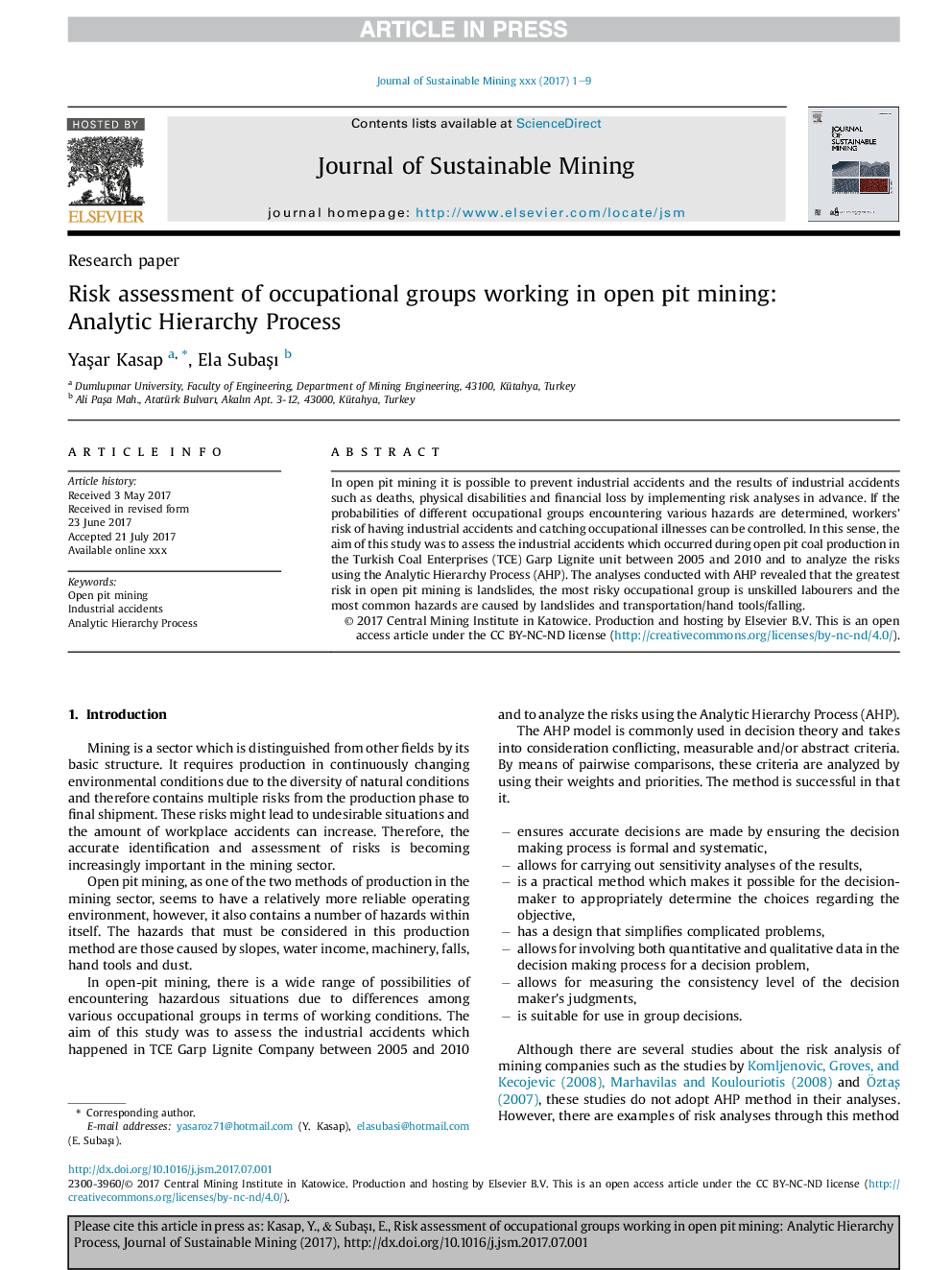 Risk assessment of occupational groups working in open pit mining: Analytic Hierarchy Process