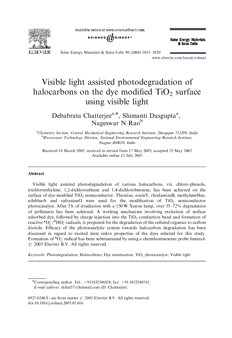 Visible light assisted photodegradation of halocarbons on the dye modified TiO2 surface using visible light