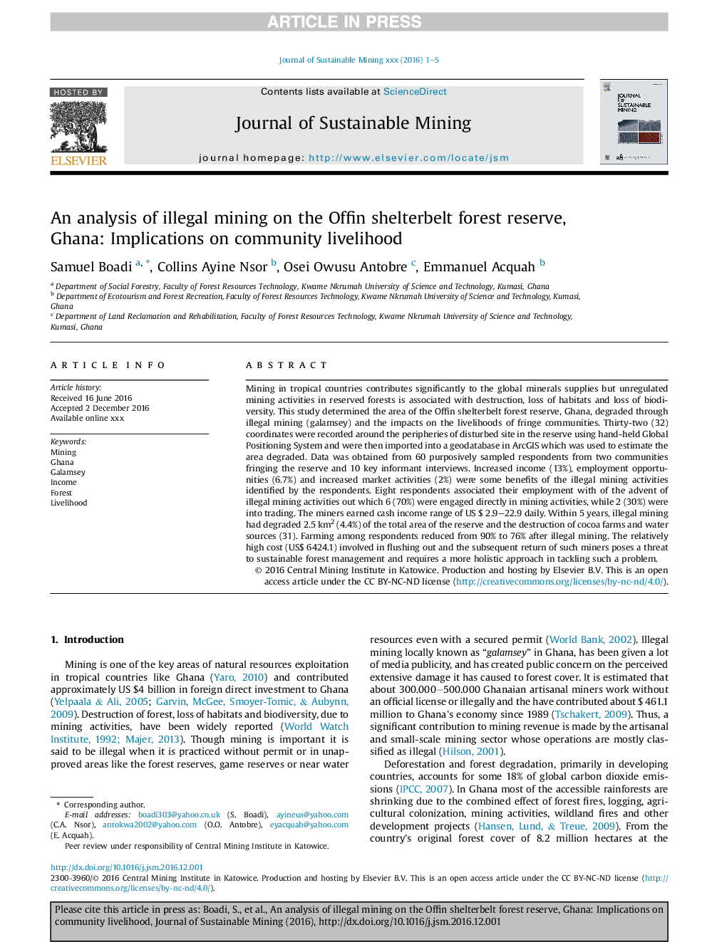 An analysis of illegal mining on the Offin shelterbelt forest reserve, Ghana: Implications on community livelihood