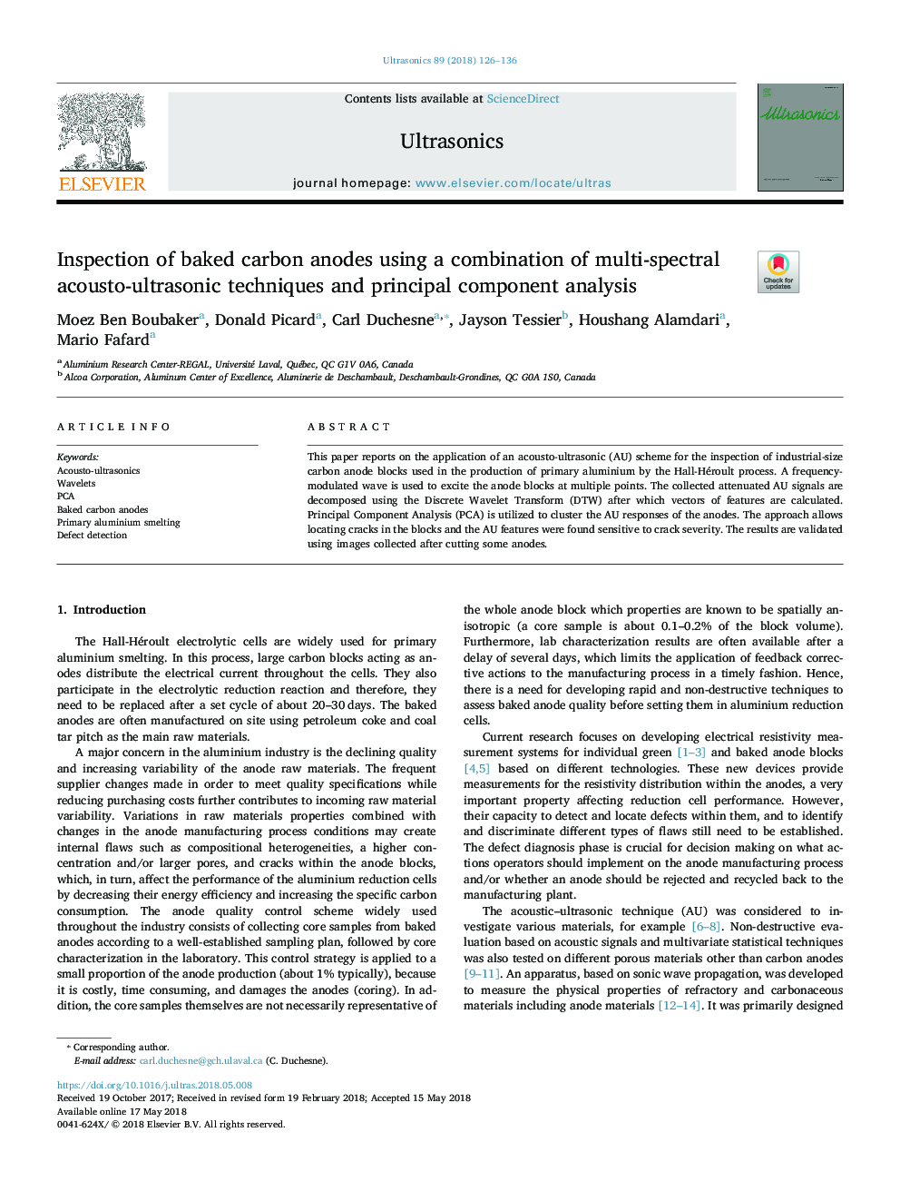 Inspection of baked carbon anodes using a combination of multi-spectral acousto-ultrasonic techniques and principal component analysis