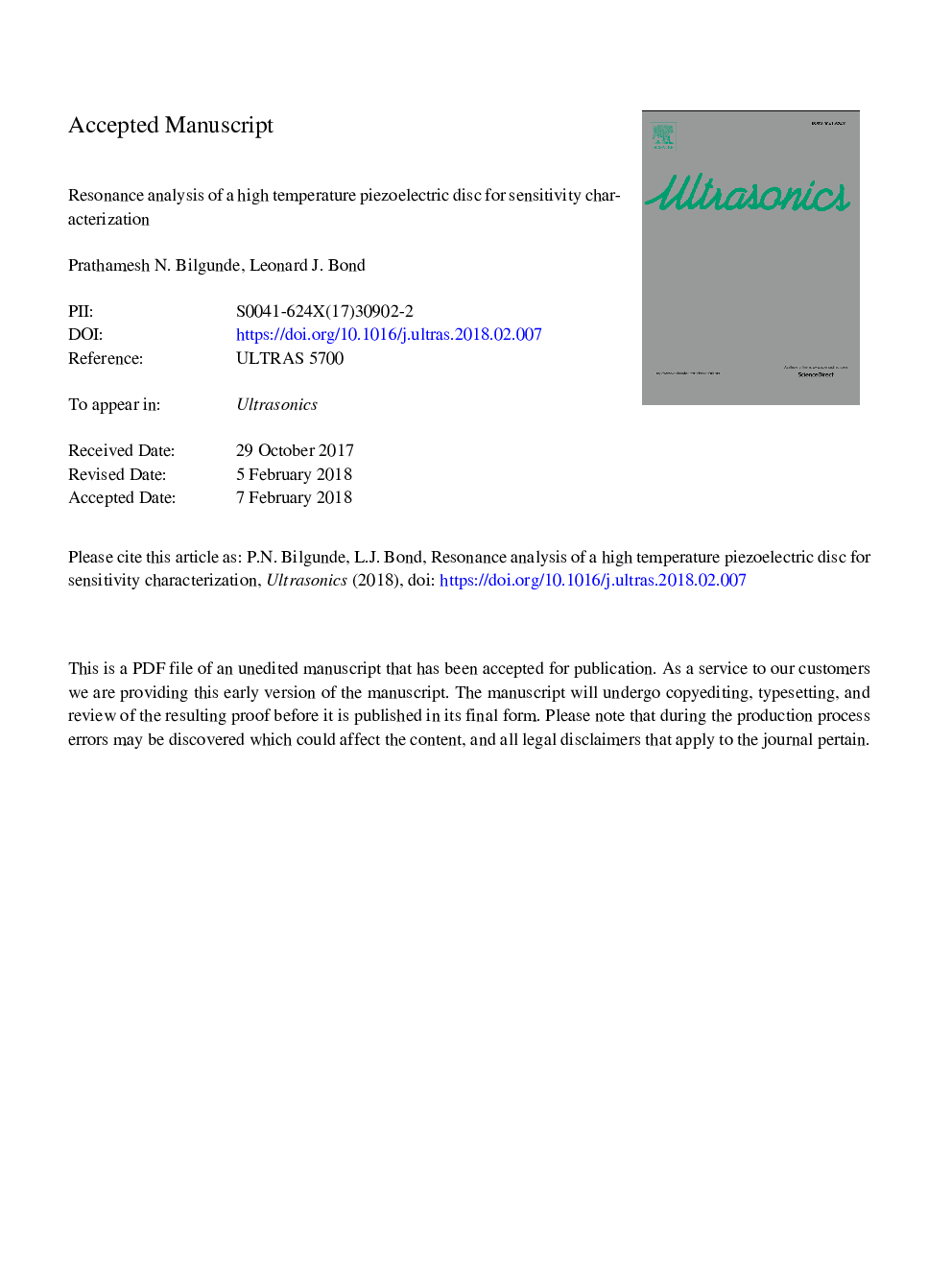 Resonance analysis of a high temperature piezoelectric disc for sensitivity characterization