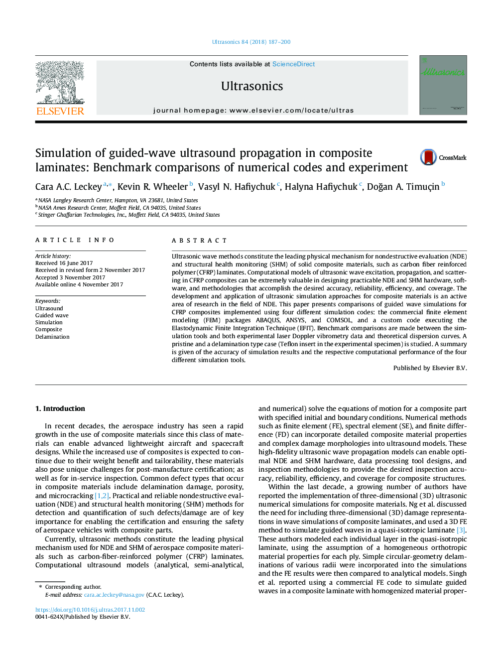 Simulation of guided-wave ultrasound propagation in composite laminates: Benchmark comparisons of numerical codes and experiment