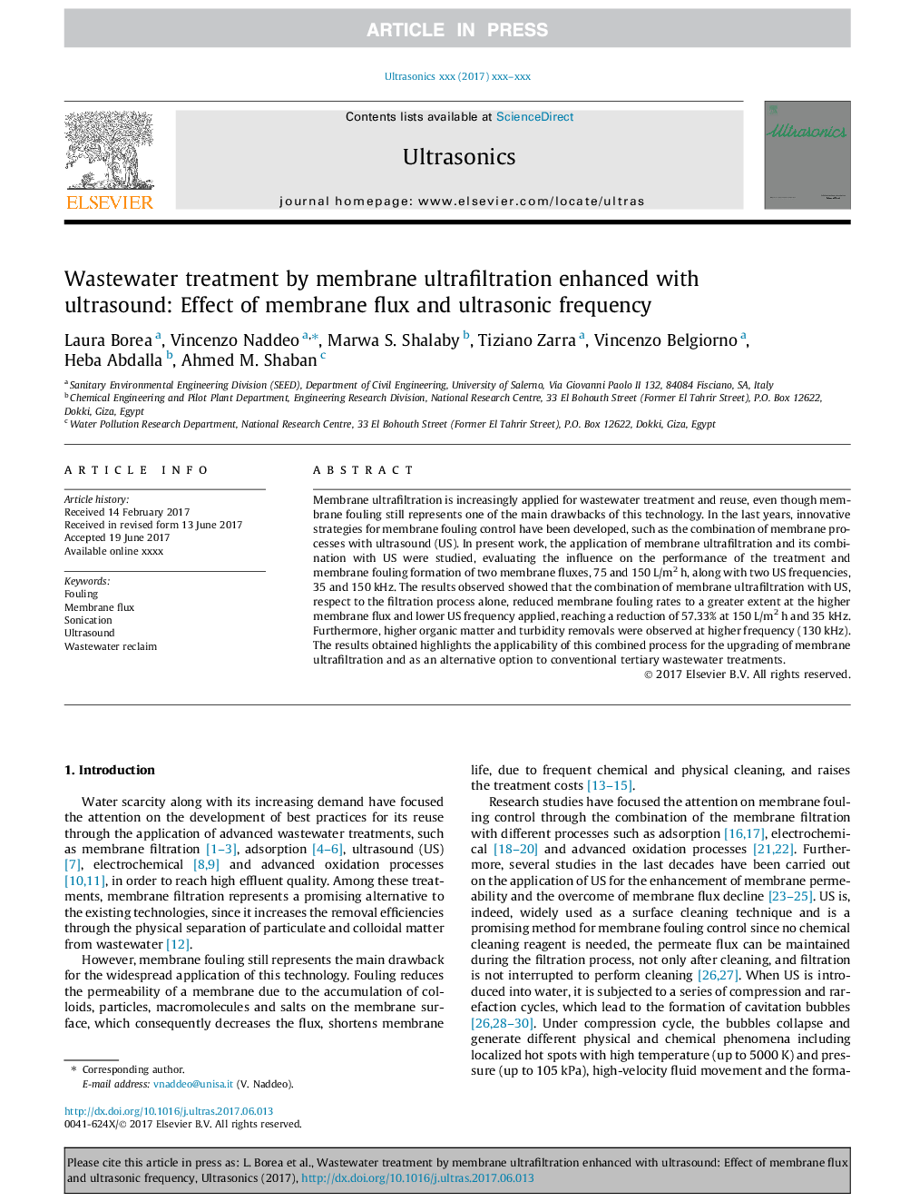 Wastewater treatment by membrane ultrafiltration enhanced with ultrasound: Effect of membrane flux and ultrasonic frequency