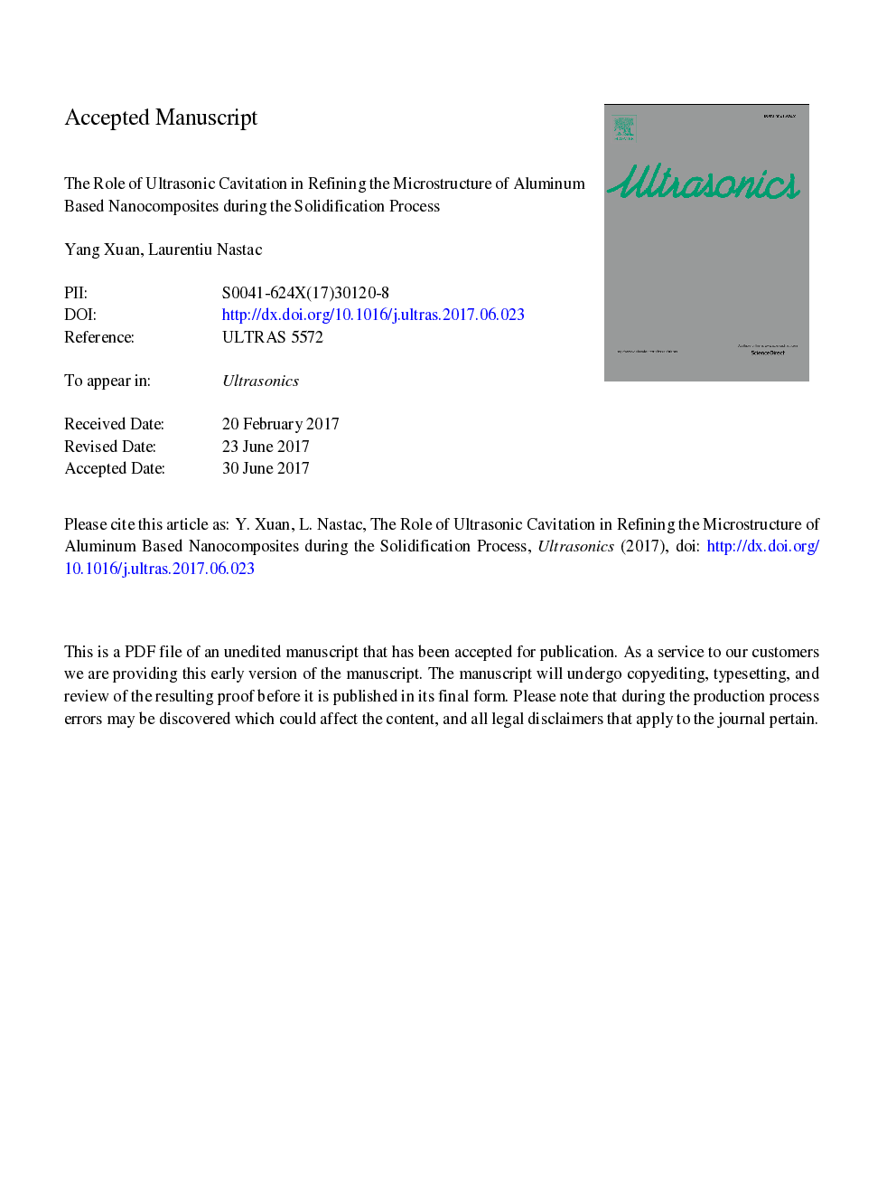 نقش کاویتاسیون اولتراسونیک در پالایش میکروساختار نانوکامپوزیت های آلومینیوم در طی فرآیند جامد سازی 