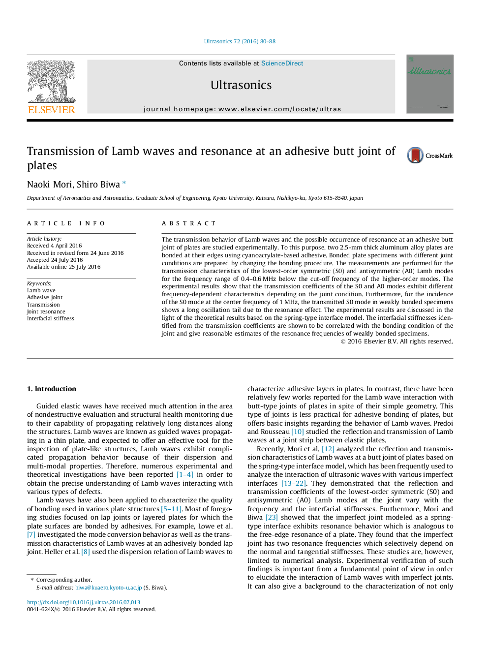 Transmission of Lamb waves and resonance at an adhesive butt joint of plates