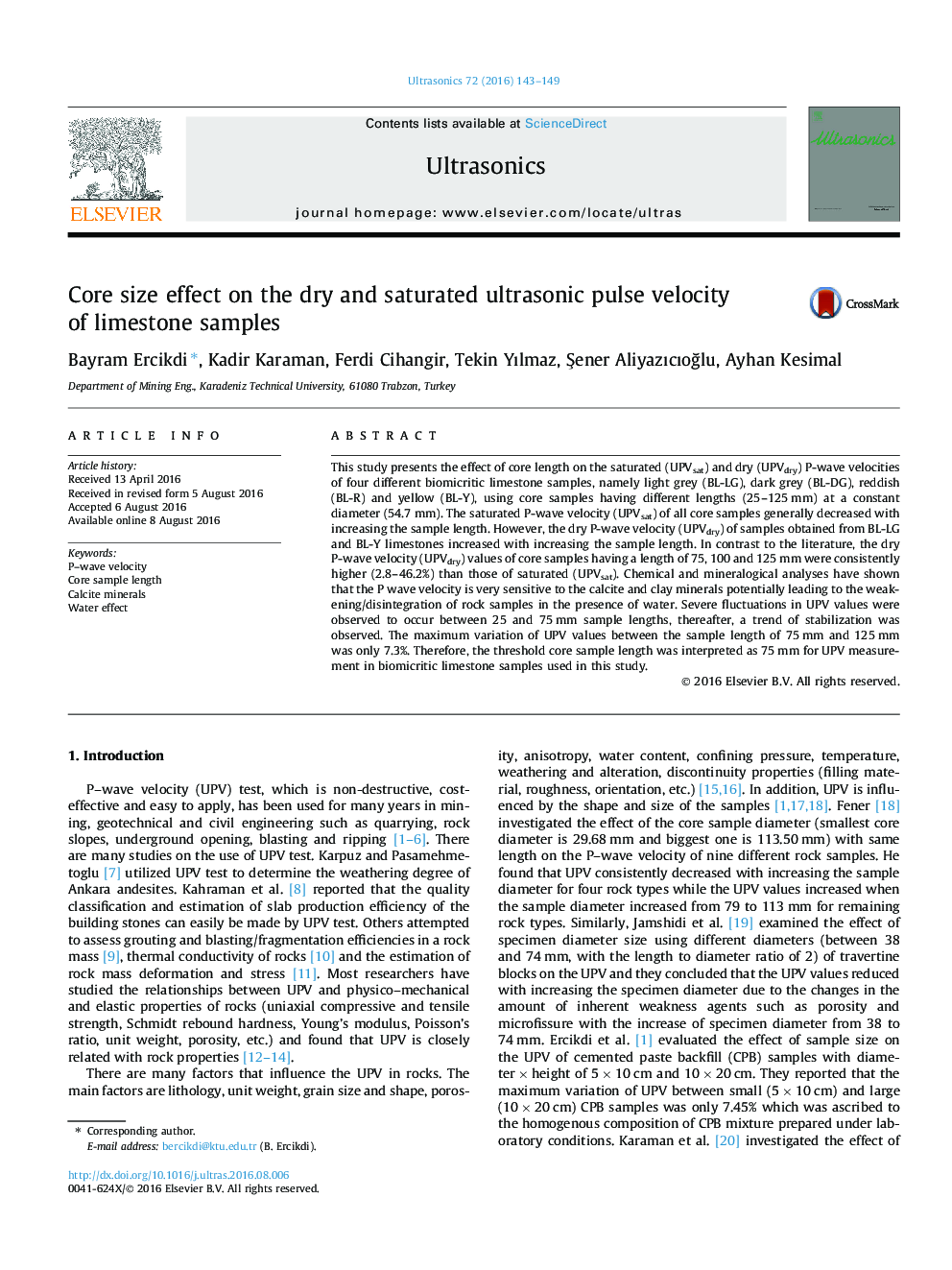 Core size effect on the dry and saturated ultrasonic pulse velocity of limestone samples