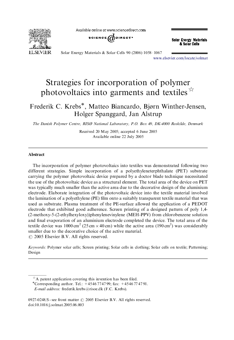 Strategies for incorporation of polymer photovoltaics into garments and textiles 