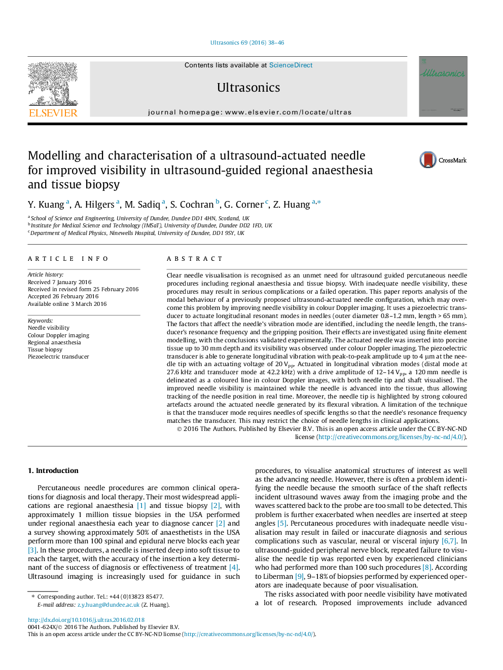 Modelling and characterisation of a ultrasound-actuated needle for improved visibility in ultrasound-guided regional anaesthesia and tissue biopsy