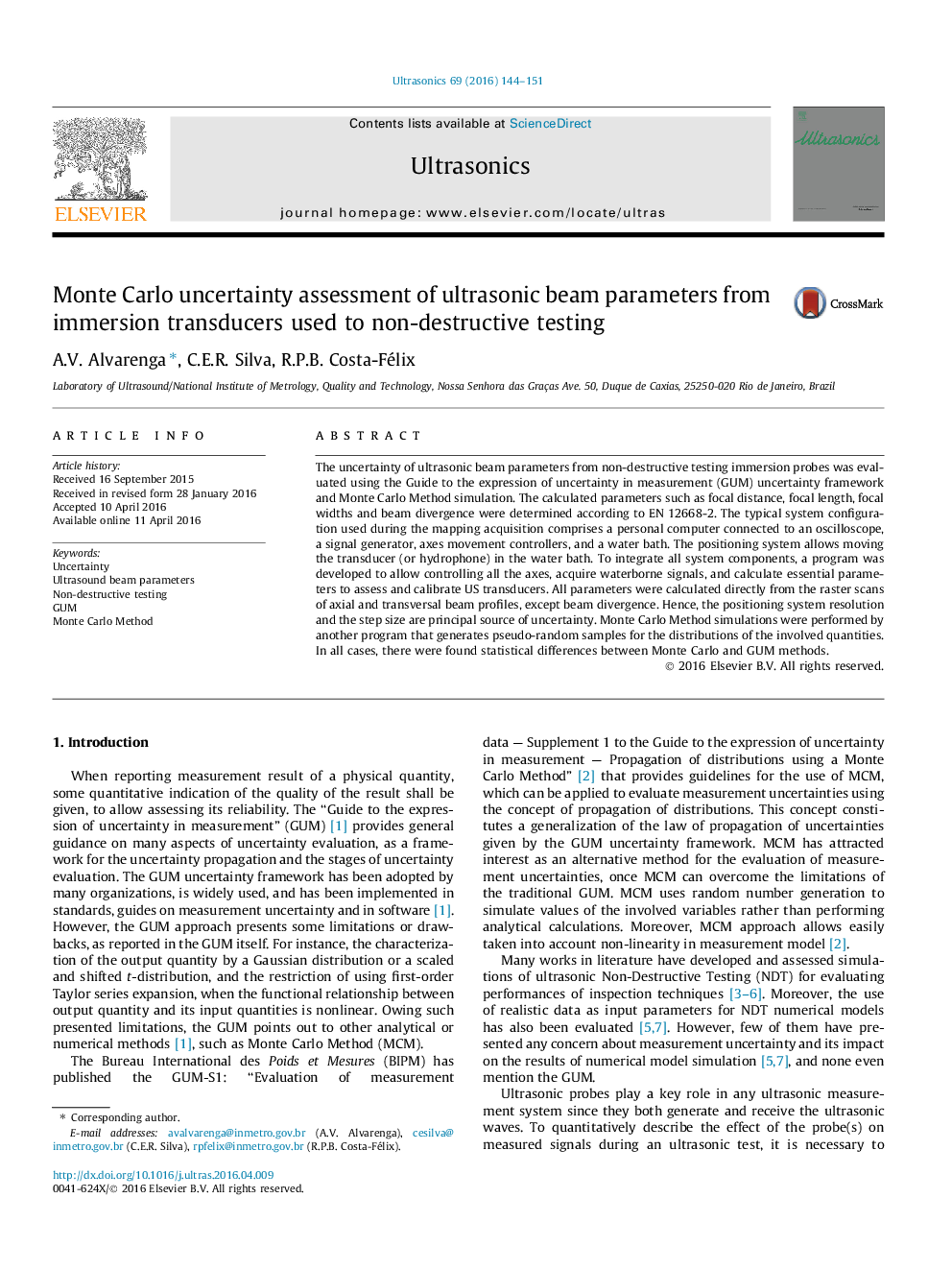 ارزیابی عدم قطعیت مونت کارلو از پارامترهای پرتو اولتراسونیک از مبدل های غوطه وری استفاده شده برای آزمایش غیر مخرب 