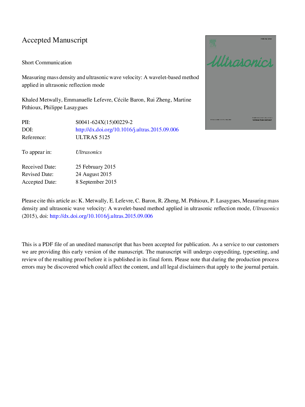 Measuring mass density and ultrasonic wave velocity: A wavelet-based method applied in ultrasonic reflection mode