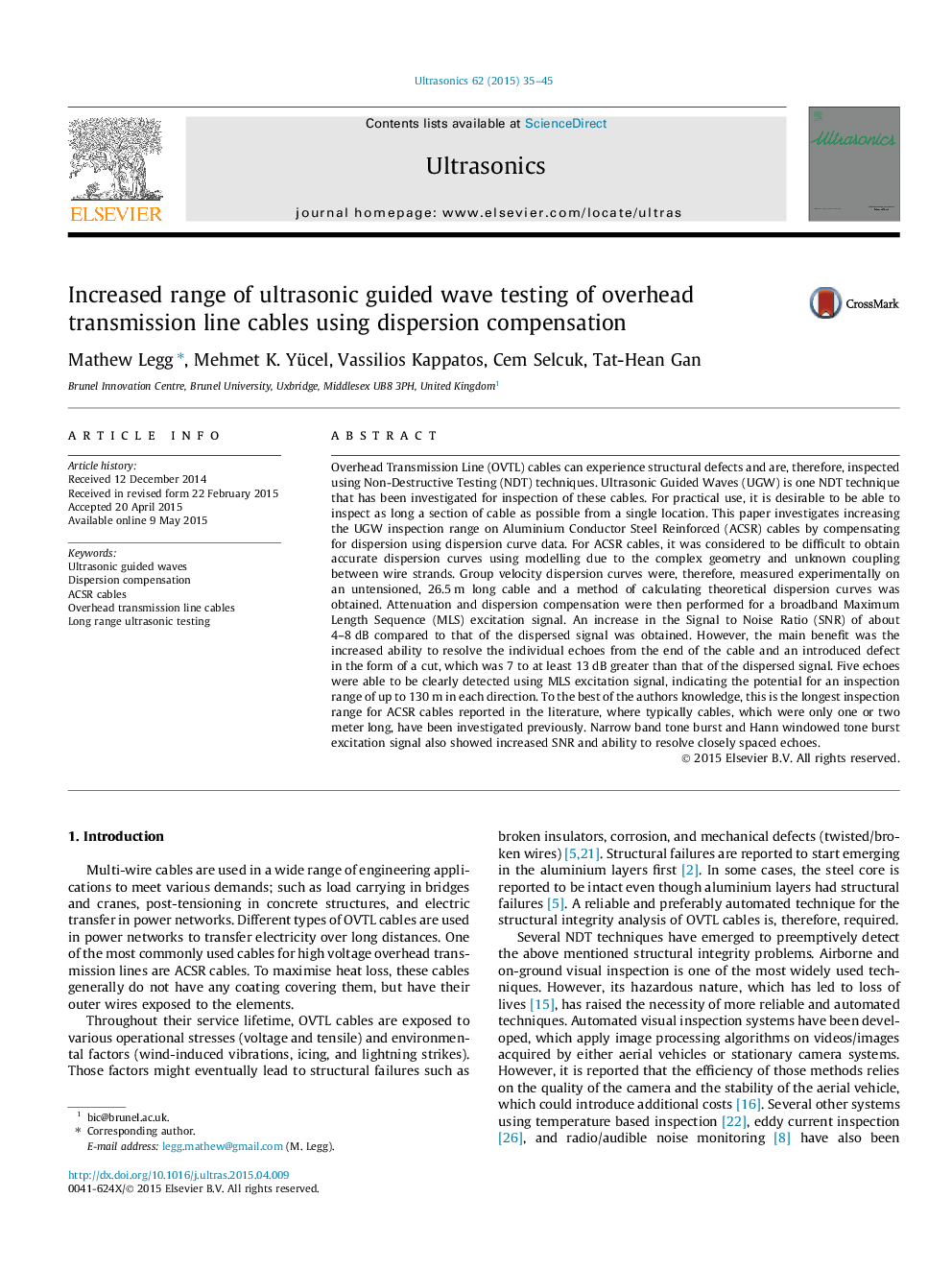 Increased range of ultrasonic guided wave testing of overhead transmission line cables using dispersion compensation