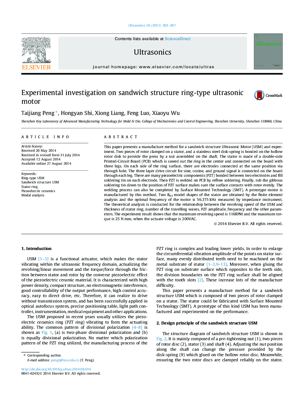 Experimental investigation on sandwich structure ring-type ultrasonic motor