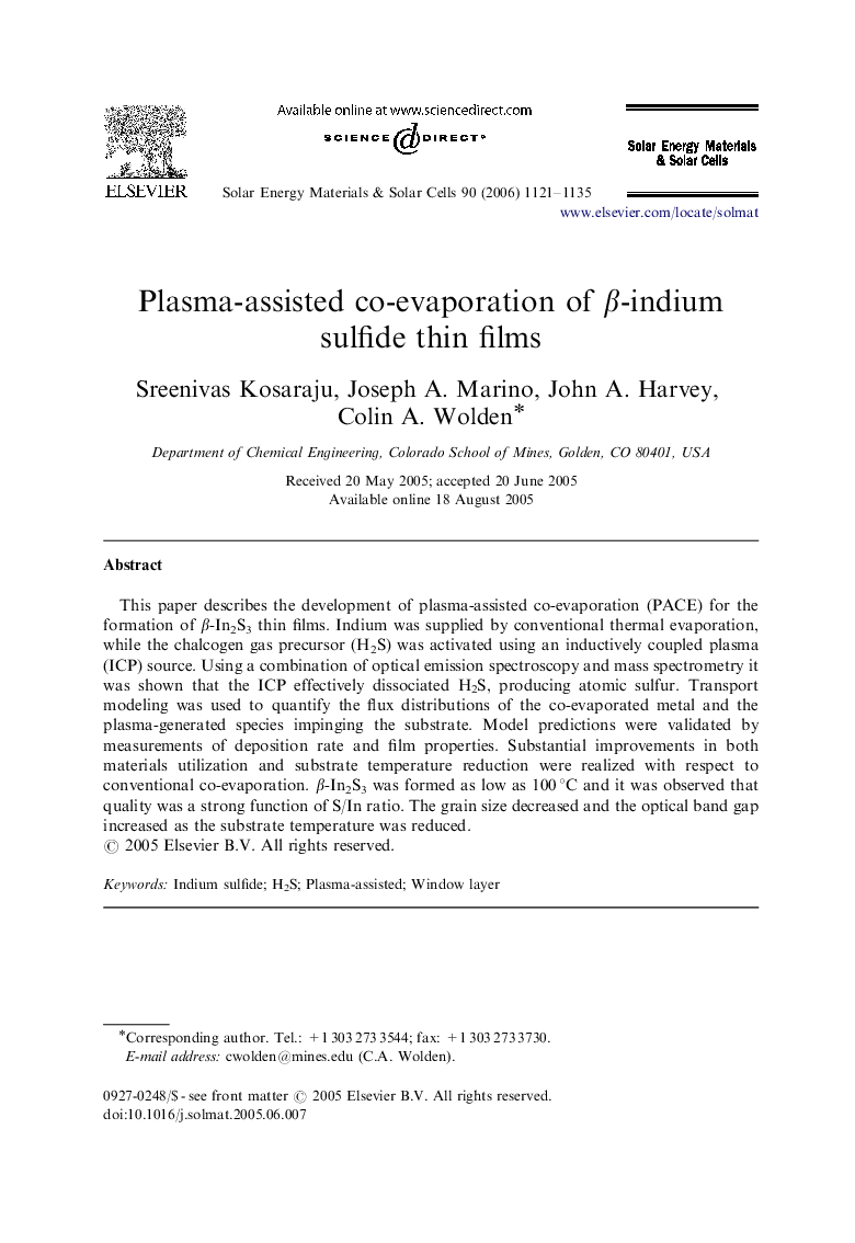 Plasma-assisted co-evaporation of β-indium sulfide thin films