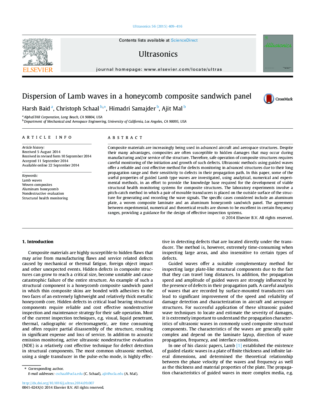 Dispersion of Lamb waves in a honeycomb composite sandwich panel