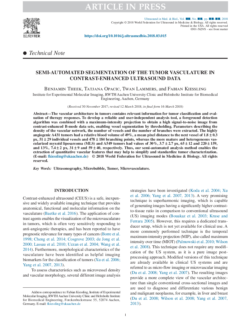 Semi-Automated Segmentation of the Tumor Vasculature in Contrast-Enhanced Ultrasound Data