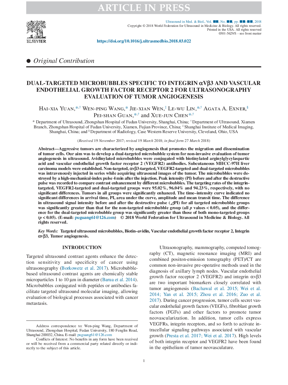 Dual-Targeted Microbubbles Specific to Integrin Î±VÎ²3 and Vascular Endothelial Growth Factor Receptor 2 for Ultrasonography Evaluation of Tumor Angiogenesis