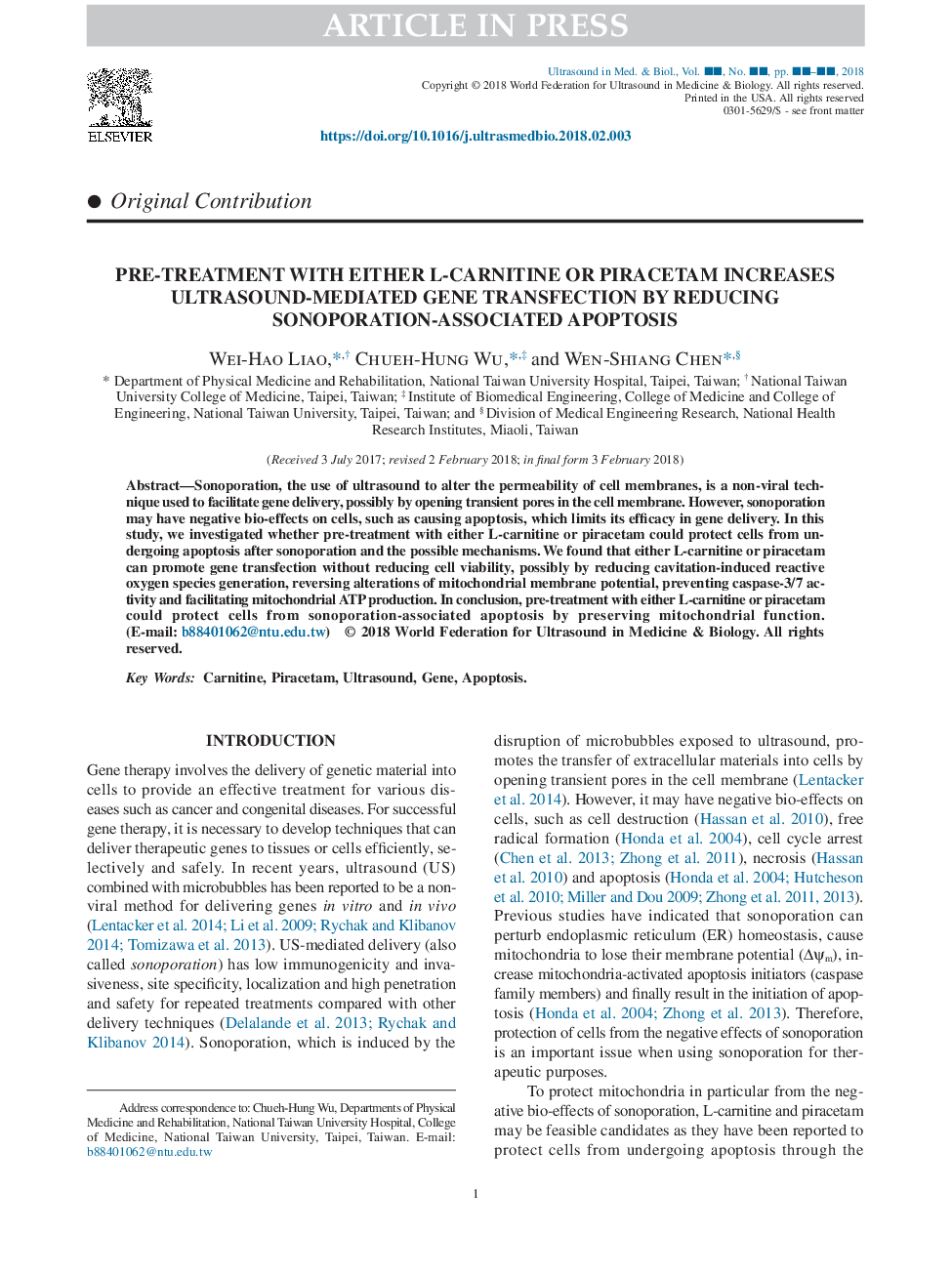 Pre-Treatment with Either L-Carnitine or Piracetam Increases Ultrasound-Mediated Gene Transfection by Reducing Sonoporation-Associated Apoptosis