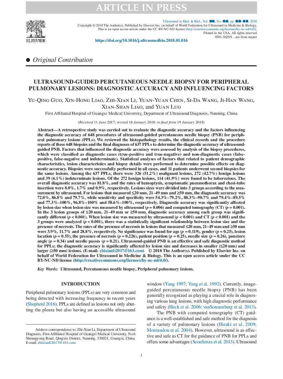 Ultrasound-Guided Percutaneous Needle Biopsy for Peripheral Pulmonary Lesions: Diagnostic Accuracy and Influencing Factors