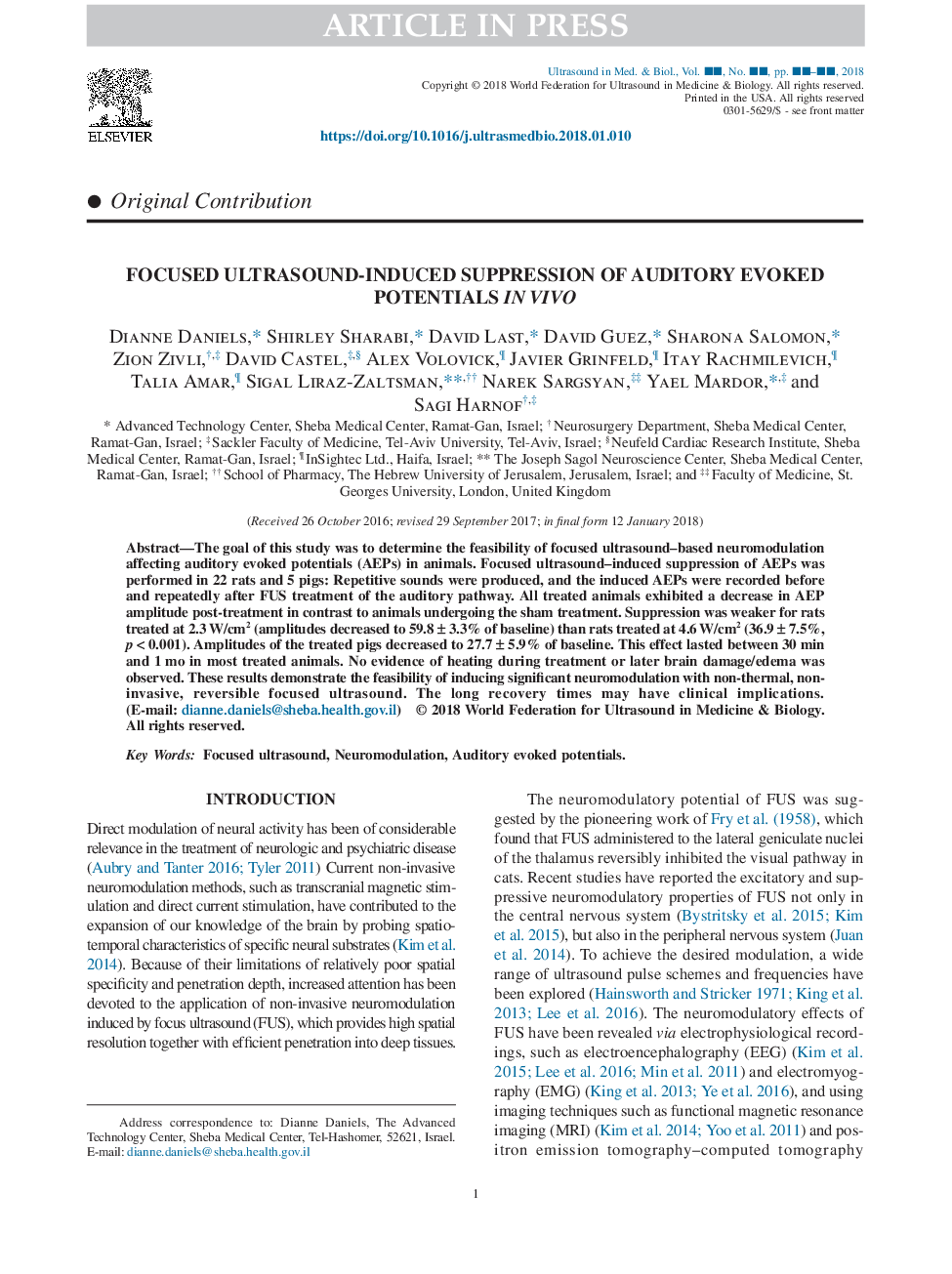 Focused Ultrasound-Induced Suppression of Auditory Evoked Potentials in Vivo