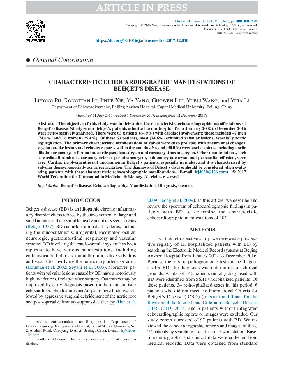 Characteristic Echocardiographic Manifestations of Behçet's Disease