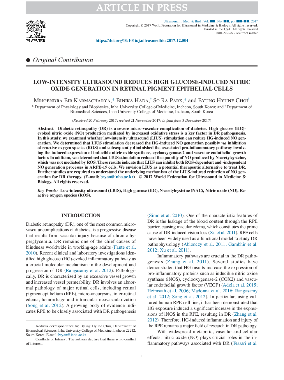 Low-Intensity Ultrasound Reduces High Glucose-Induced Nitric Oxide Generation in Retinal Pigment Epithelial Cells