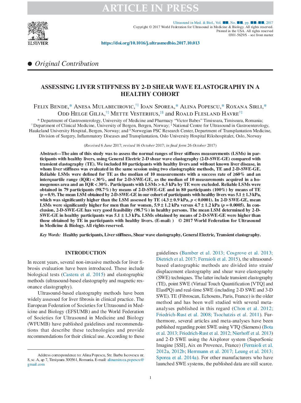 Assessing Liver Stiffness by 2-D Shear Wave Elastography in a Healthy Cohort