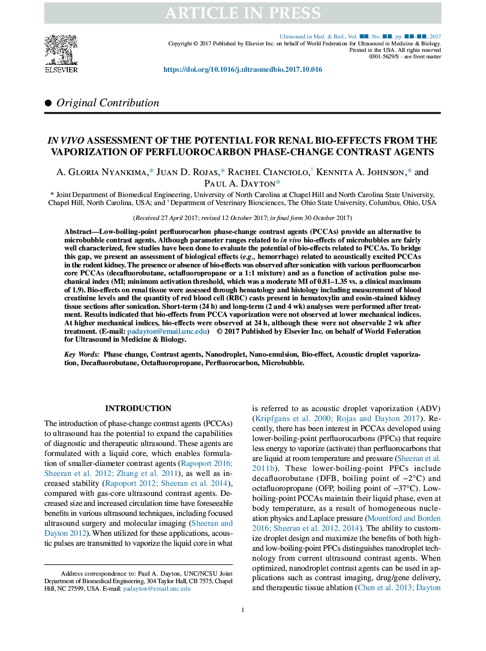 عکس صفحه اول مقاله: In Vivo Assessment of the Potential for Renal Bio-Effects from the Vaporization of Perfluorocarbon Phase-Change Contrast Agents In Vivo Assessment of the Potential for Renal Bio-Effects from the Vaporization of Perfluorocarbon Phase-Change Contrast Agents