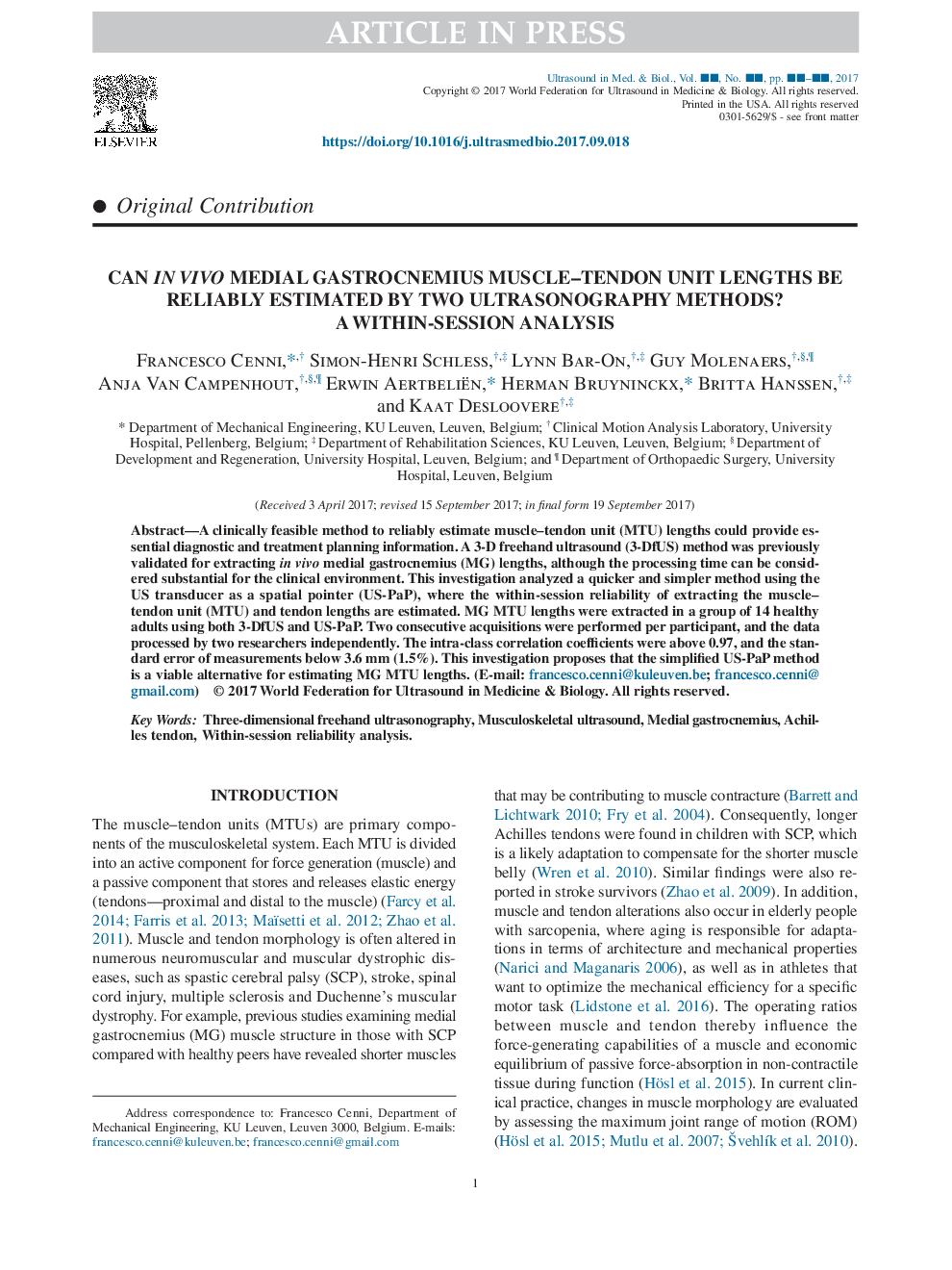 Can in Vivo Medial Gastrocnemius Muscle-Tendon Unit Lengths be Reliably Estimated by Two Ultrasonography Methods? A Within-Session Analysis