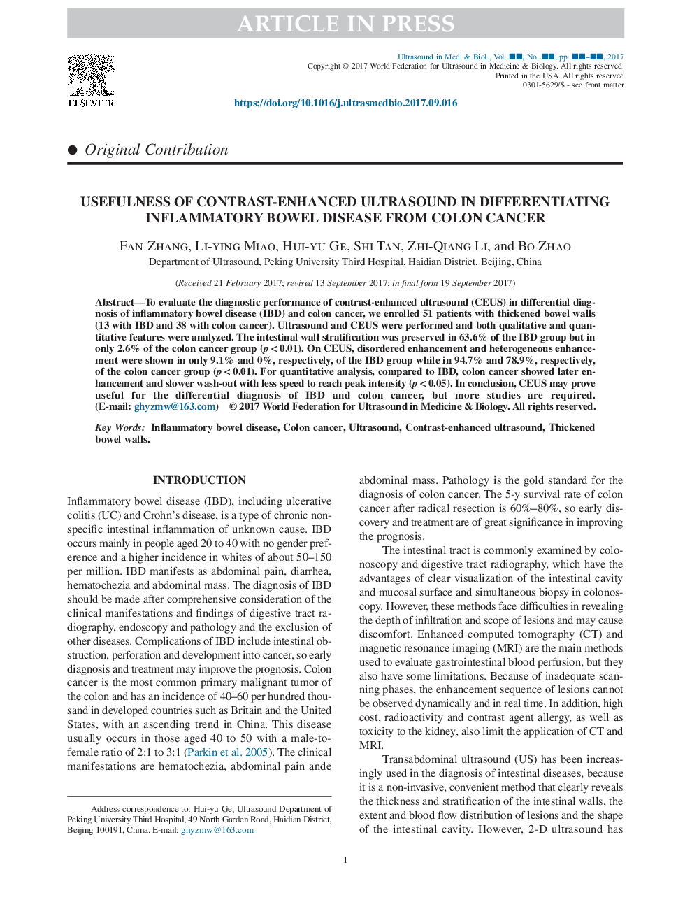 Usefulness of Contrast-Enhanced Ultrasound in Differentiating Inflammatory Bowel Disease From Colon Cancer