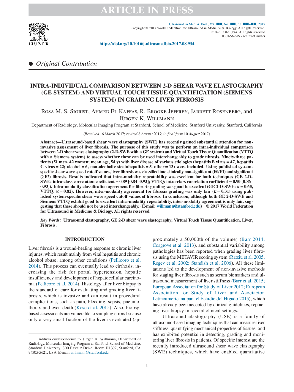 Intra-Individual Comparison between 2-D Shear Wave Elastography (GE System) and Virtual Touch Tissue Quantification (Siemens System) in Grading Liver Fibrosis
