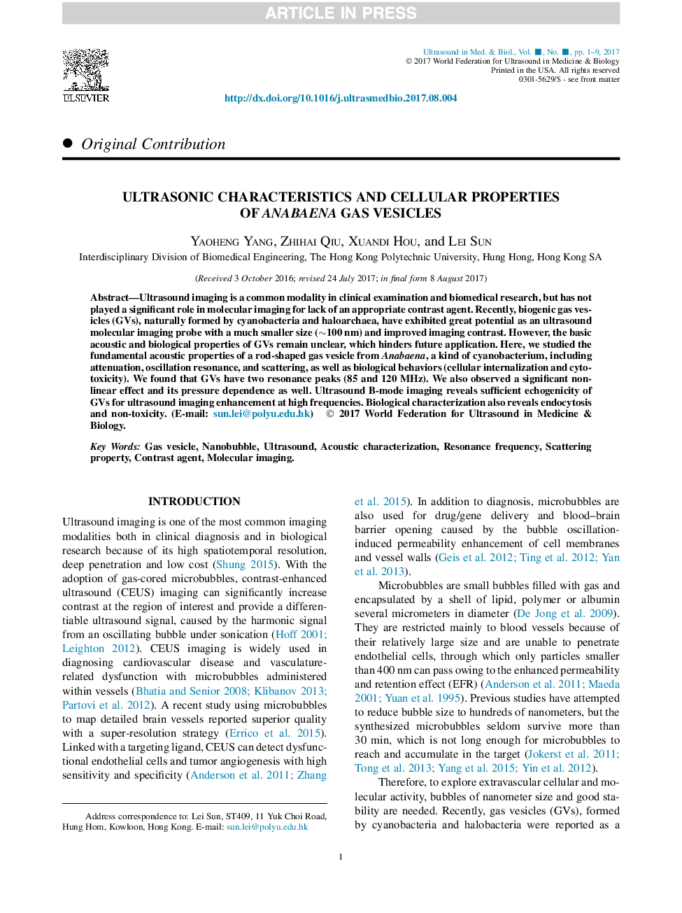 Ultrasonic Characteristics and Cellular Properties ofÂ Anabaena Gas Vesicles