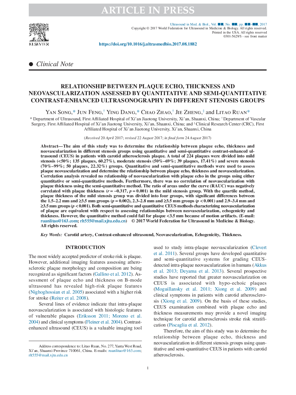 Relationship between Plaque Echo, Thickness and Neovascularization Assessed by Quantitative and Semi-quantitative Contrast-Enhanced Ultrasonography in Different Stenosis Groups