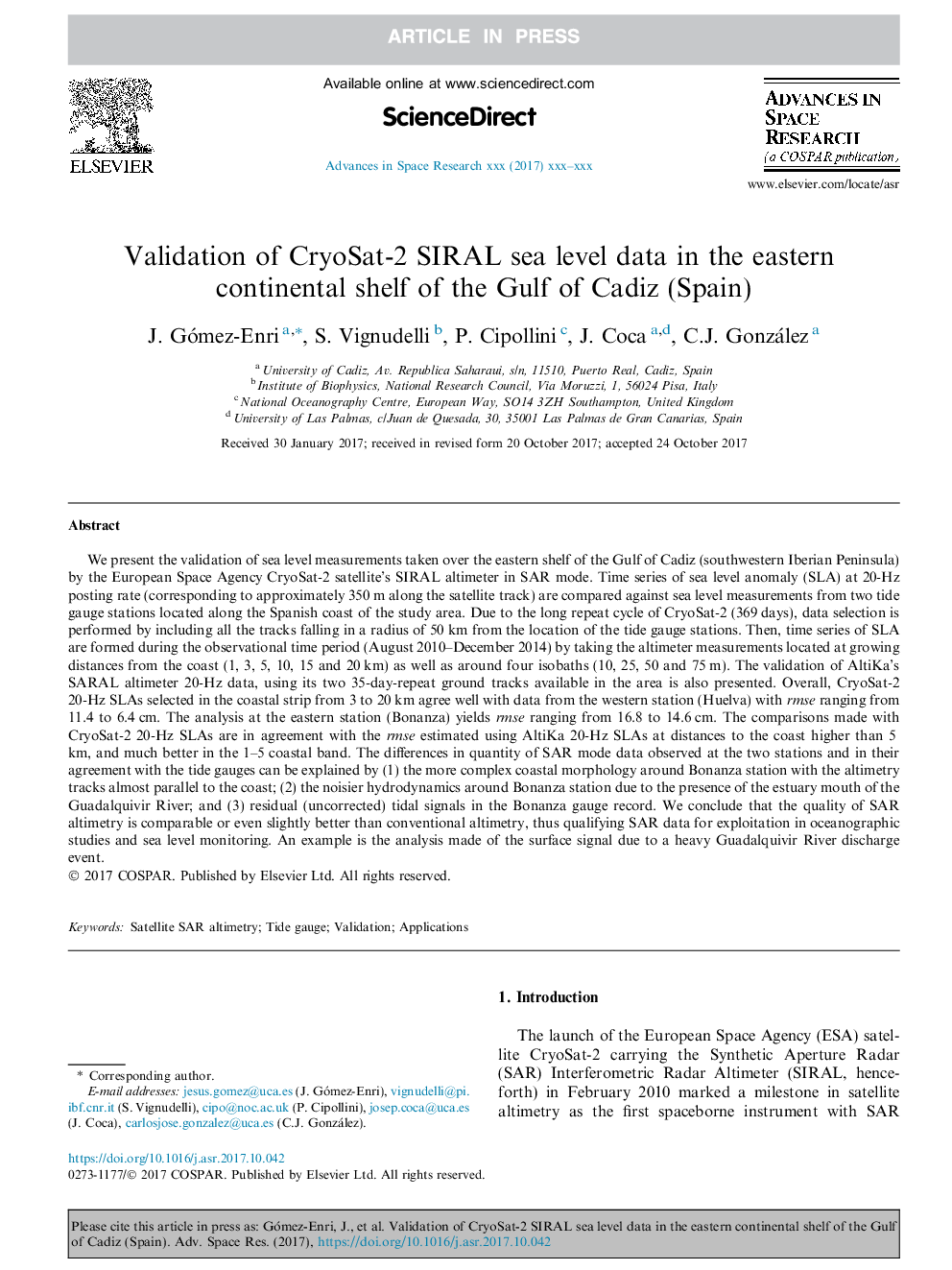 Validation of CryoSat-2 SIRAL sea level data in the eastern continental shelf of the Gulf of Cadiz (Spain)