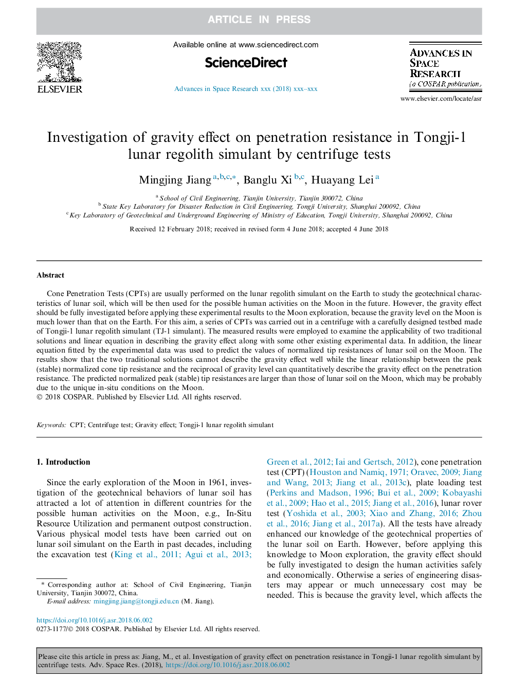 Investigation of gravity effect on penetration resistance in Tongji-1 lunar regolith simulant by centrifuge tests