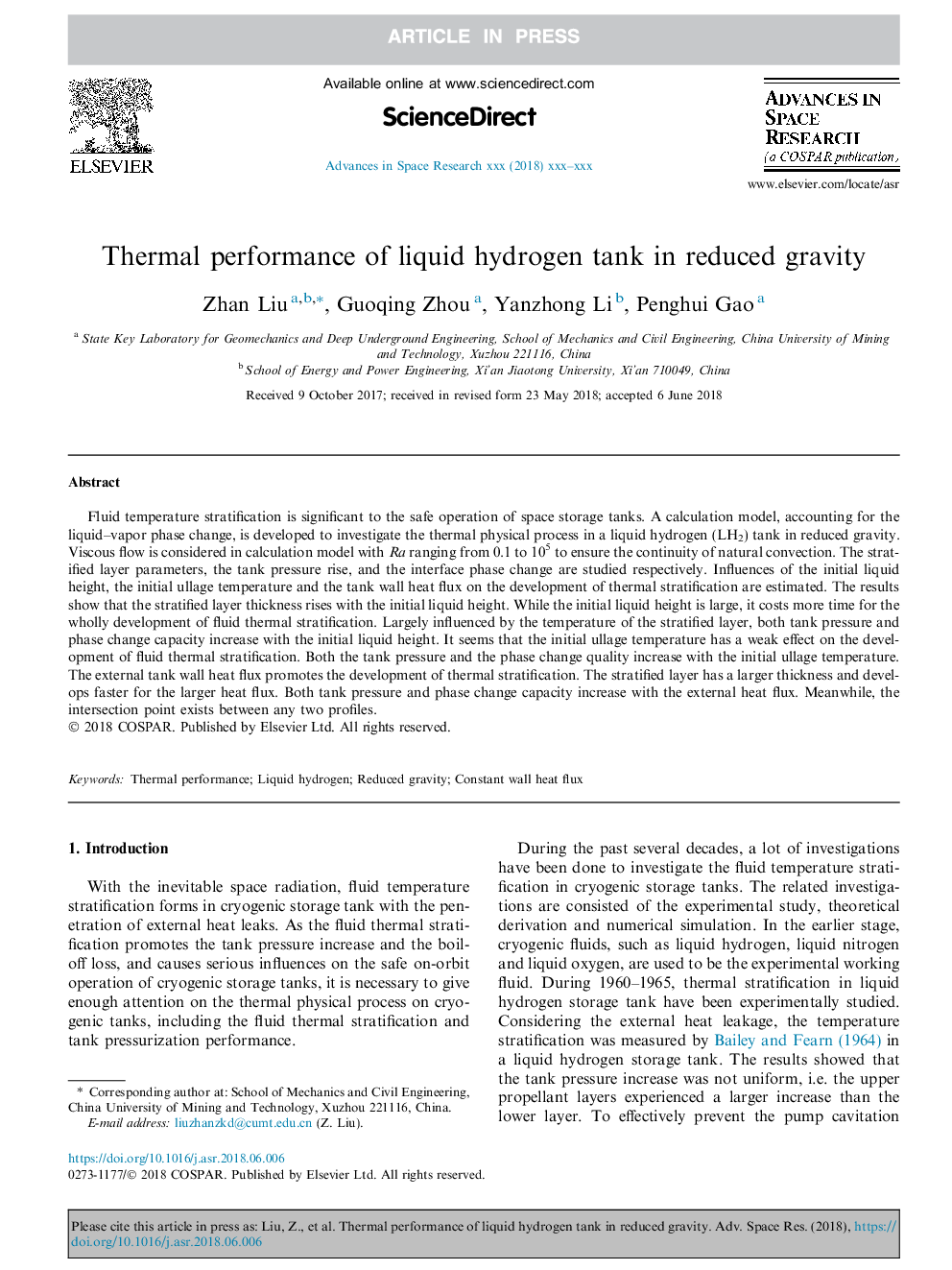 Thermal performance of liquid hydrogen tank in reduced gravity