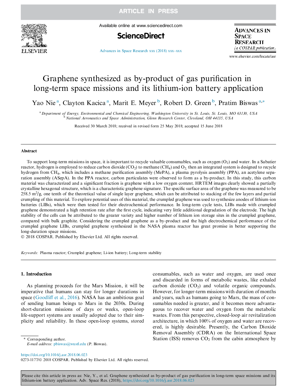 Graphene synthesized as by-product of gas purification in long-term space missions and its lithium-ion battery application
