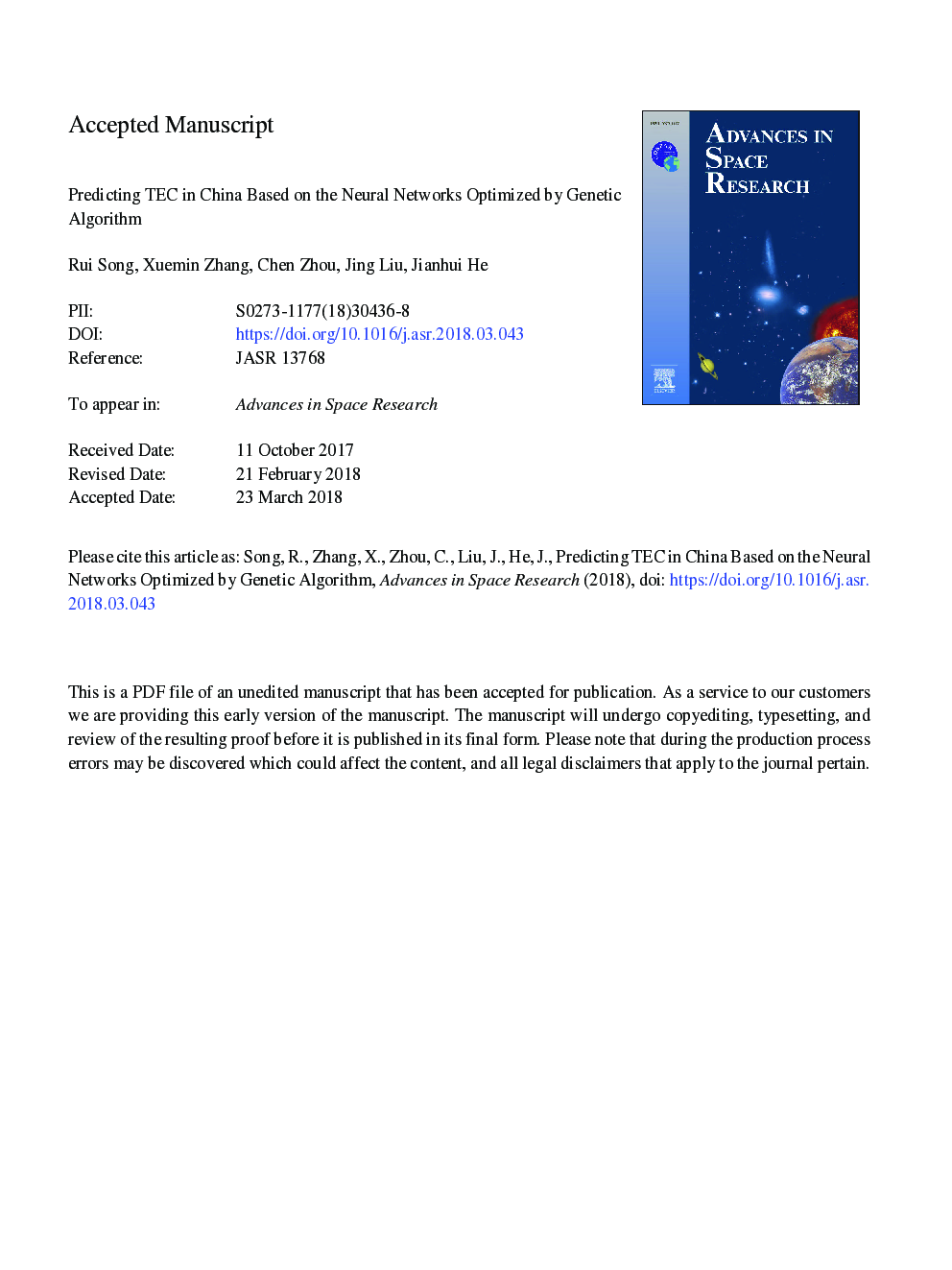 عکس صفحه اول مقاله: Predicting TEC in China based on the neural networks optimized by genetic algorithm Predicting TEC in China based on the neural networks optimized by genetic algorithm