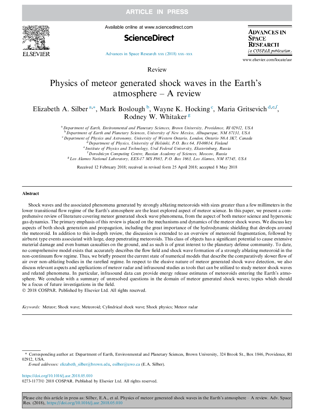 Physics of meteor generated shock waves in the Earth's atmosphere - A review