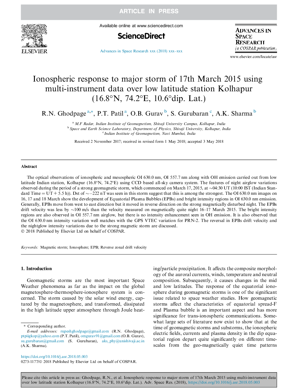 Ionospheric response to major storm of 17th March 2015 using multi-instrument data over low latitude station Kolhapur (16.8Â°N, 74.2Â°E, 10.6Â°dip. Lat.)